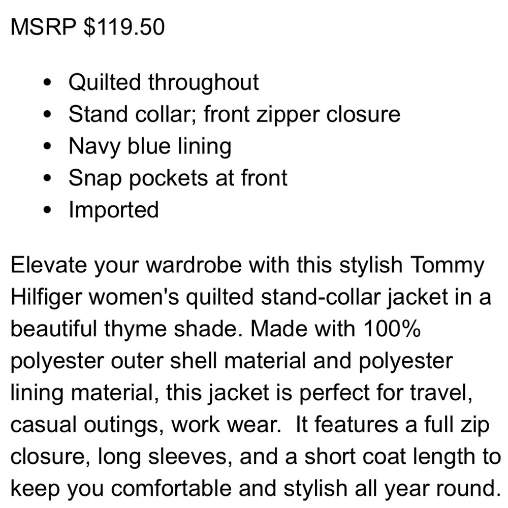 Tommy Hilfiger Women's Quilted Mock Neck Collar Zip Jacket in Thyme Green XL - Picture 8 of 8